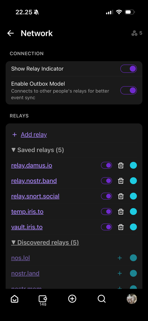 Iris – The Nostr client - Network settings screen in the Iris app for managing Nostr relays and decentralized connections.
