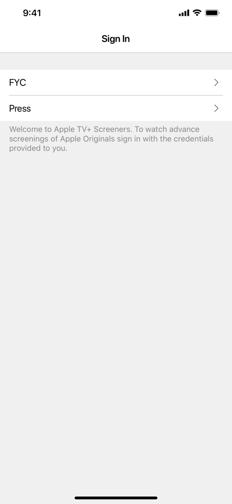 Apple TV+ Screeners - Schermata di accesso di Apple TV plus Screeners che mostra le opzioni per le credenziali FYC e stampa