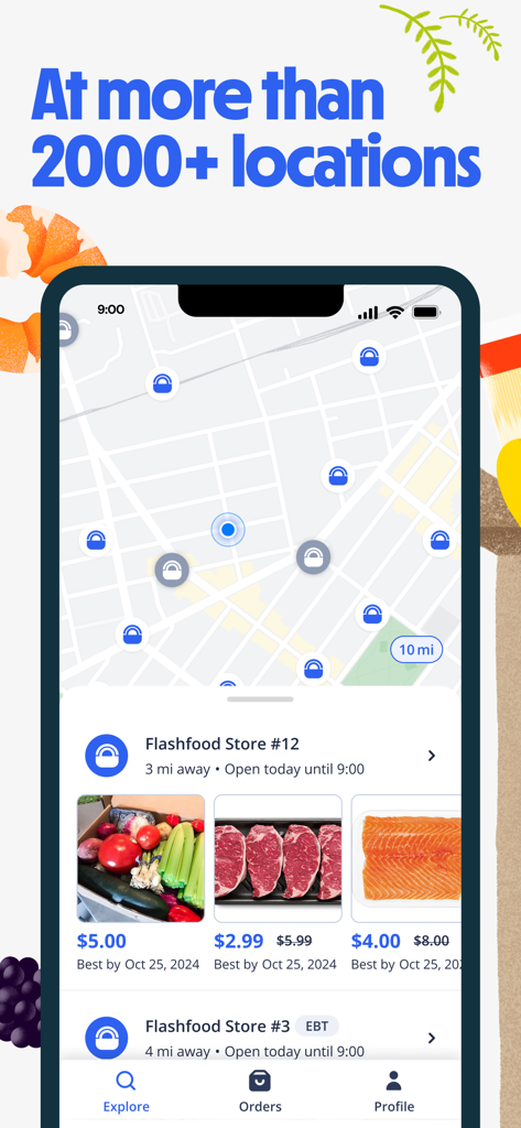 Flashfood app screen showing a map with nearby store locations and discounted grocery items like steak and salmon