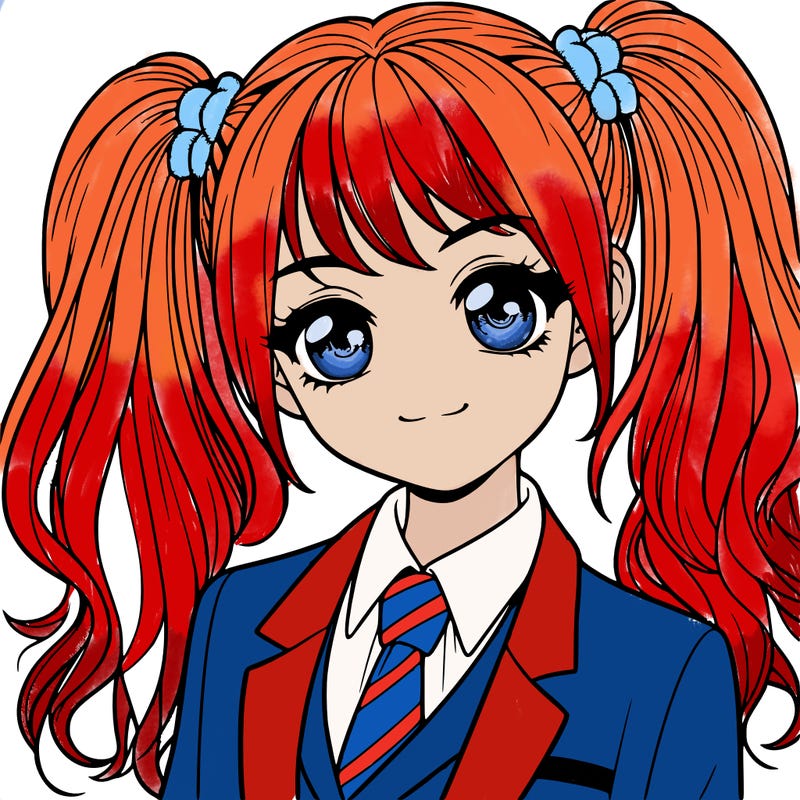 realistic girl with two ponytails and a suit on