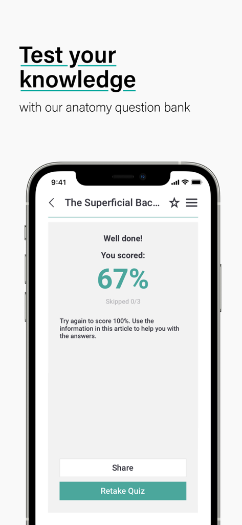 TeachMe Anatomy App-Oberfläche, die ein Quizergebnis von 67 Prozent anzeigt