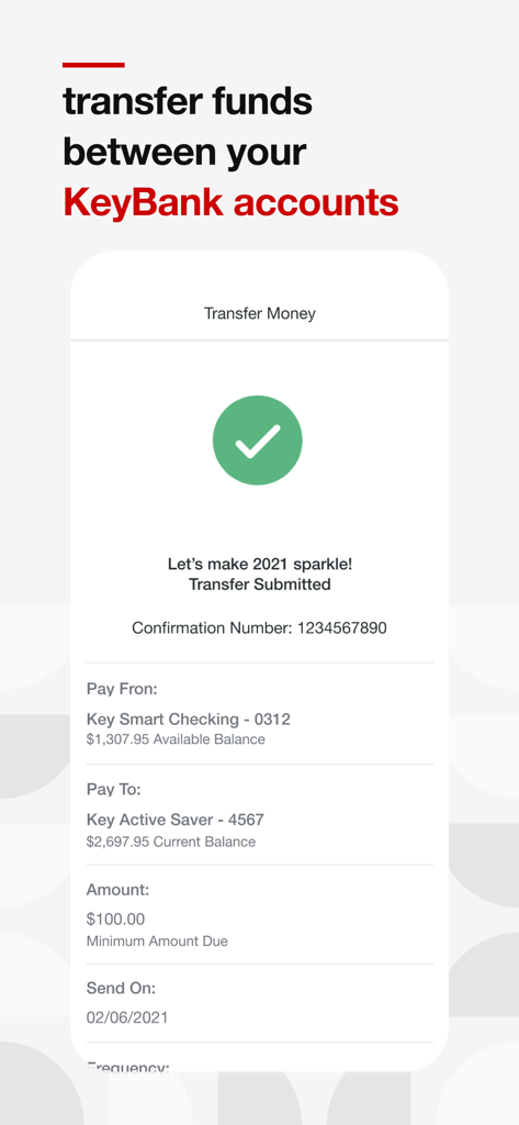 KeyBank Mobile Banking - Una pantalla de confirmación en la aplicación KeyBank que muestra una transferencia exitosa de fondos entre una cuenta corriente y una cuenta de ahorros.