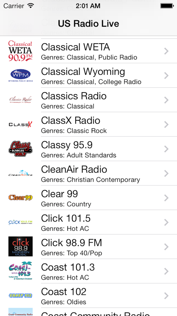 US Radio Live (United States of America USA) - A list of diverse US radio stations with logos and genres in the US Radio Live app interface.