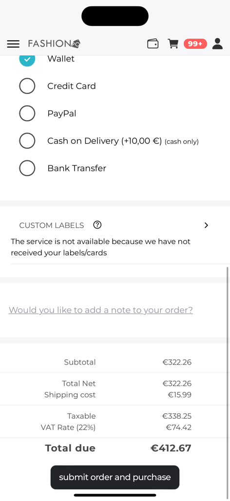 FashionPo - Schermata di checkout dell'app FashionPo che mostra opzioni di pagamento come PayPal e carta di credito, insieme a un riepilogo dell'ordine totale