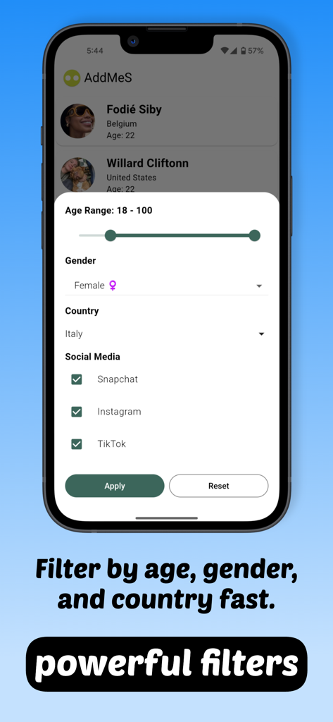 AddMeS - make new friends - A mobile interface for the AddMeS app showing various filters for finding new friends based on age, gender, and country.