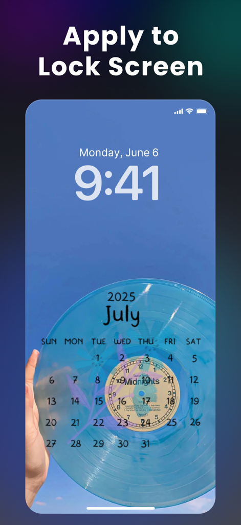 iPhone lock screen featuring a custom blue vinyl record wallpaper with a July 2025 calendar