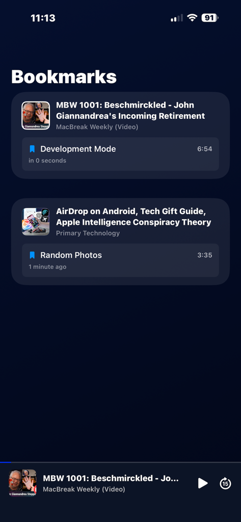 The Bookmarks screen in the Modcast app showing saved timestamps for different podcast episodes with a clean dark interface.