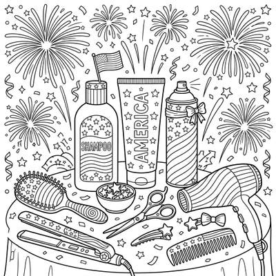 Get ready to celebrate with this festive Independence Day haircare coloring page! Unleash your creativity by adding vibrant colors to patriotic shampoo bottles, styling tools, and dazzling fireworks.