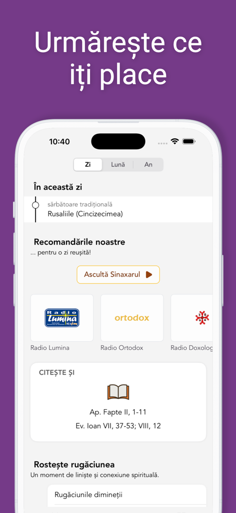 Interfaz diaria de la aplicación Calendario Ortodoxo que muestra festividades religiosas rumanas, estaciones de radio y oraciones