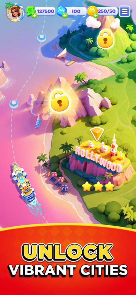 Mapa del juego Uno Wonder que muestra un crucero viajando a Hollywood con el texto Desbloquea Ciudades Vibrantes.