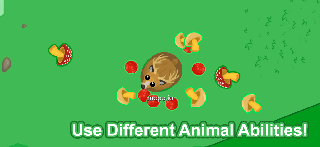 mope.io - mope.io-Gameplay, das eine Hirschfigur zeigt, umgeben von Pilzen und Beeren mit dem Text 'Verwende verschiedene Tierfähigkeiten'