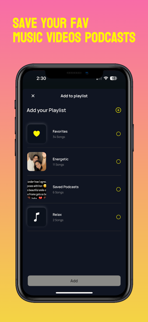 Music : Songs, Video Streaming - Smartphone screen displaying the add to playlist feature in the Discovery Player app.