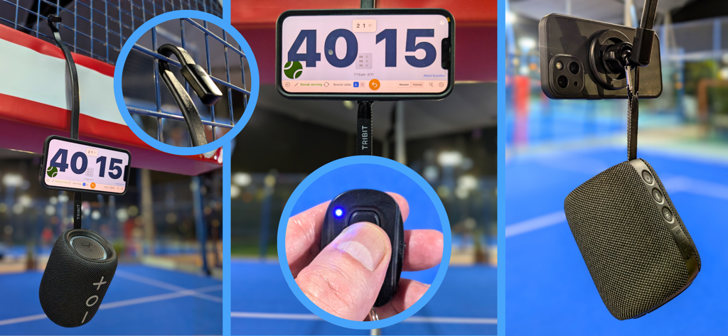 Padel Scoreboard - ScoreBot - Padel Scoreboard ScoreBot setup showing phone display and bluetooth remote