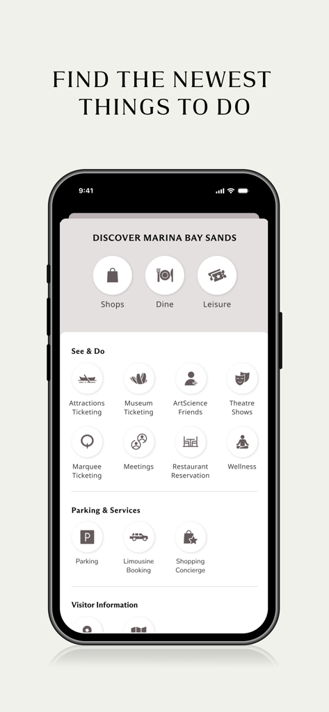 Schermata Discovery dell'app Marina Bay Sands Singapore che evidenzia attività di ristorazione, shopping e tempo libero.