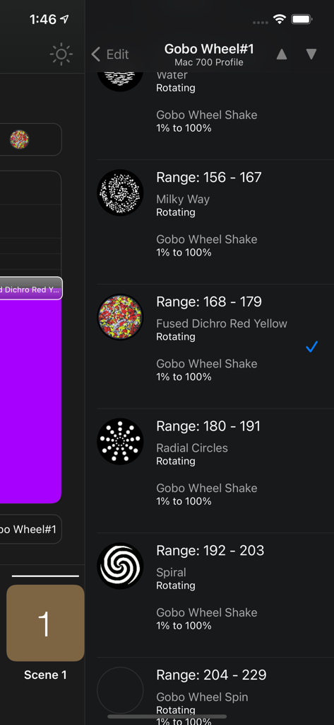 Luminair - Interface de l'application Luminair affichant la sélection des motifs de la roue de gobos DMX pour les projecteurs professionnels