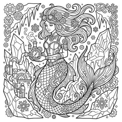 Explore the captivating fusion of cold enchantment and mechanical marvels with this unique Arctic Steampunk Mermaid coloring page. Adorned with gears and surrounded by icy formations, this design offers a magical and intricate coloring experience.