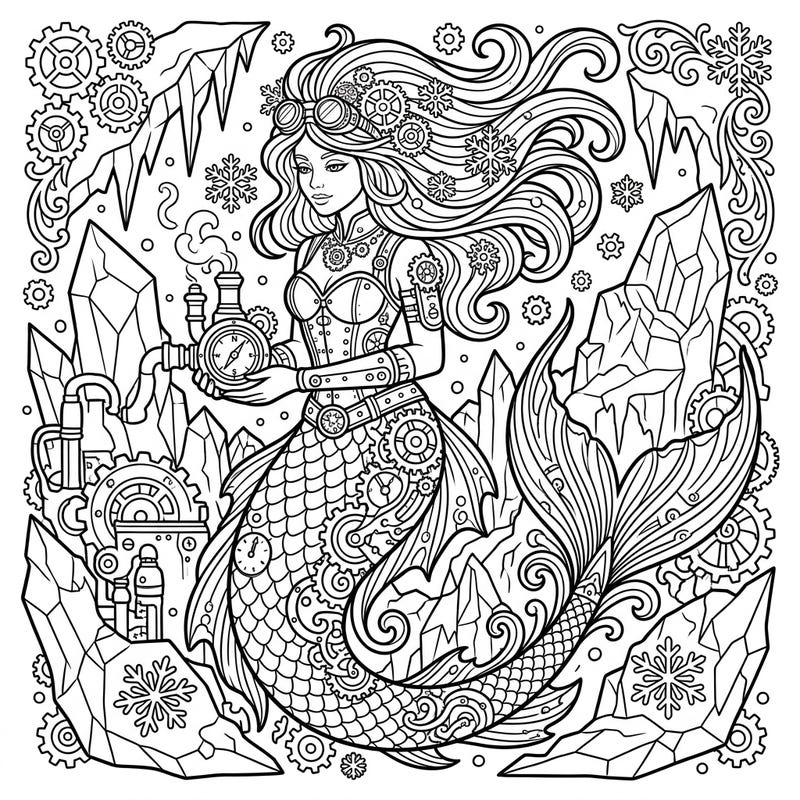 Explore the captivating fusion of cold enchantment and mechanical marvels with this unique Arctic Steampunk Mermaid coloring page. Adorned with gears and surrounded by icy formations, this design offers a magical and intricate coloring experience.