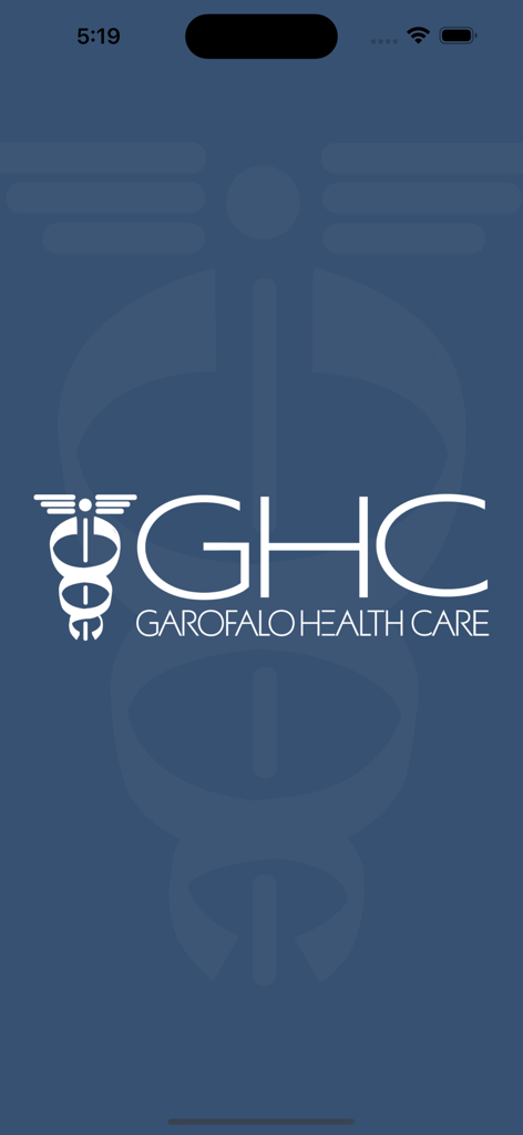 My GHC - Pantalla de inicio de la aplicación My GHC mostrando el logotipo de Garofalo Health Care y un símbolo médico sobre un fondo azul