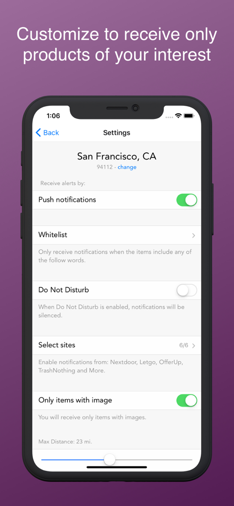 Settings menu in the Freebie Alerts app showing customization options for push notifications and location filters