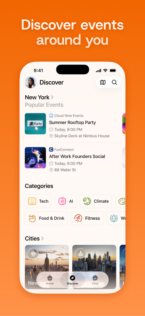 Luma: Events & Invites - Die Luma App "Entdecken"-Oberfläche zeigt beliebte Veranstaltungen in New York und Kategorie-Icons wie Tech und KI.