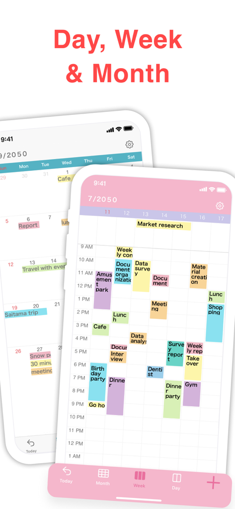 N Calendar mobile app interface showing daily weekly and monthly views with color coded events