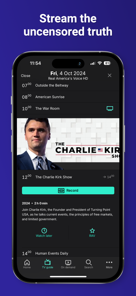 Truth+ - Truth plusアプリのTVガイド画面に、放送予定の番組とCharlie Kirkショーの録画ボタンが表示されています。