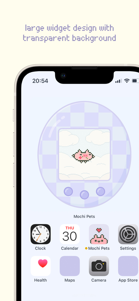 Mochi Pets - Cute Pet Widget - Pantalla de inicio de iPhone que muestra un widget grande transparente de Mochi Pets con una mascota de arte pixelado