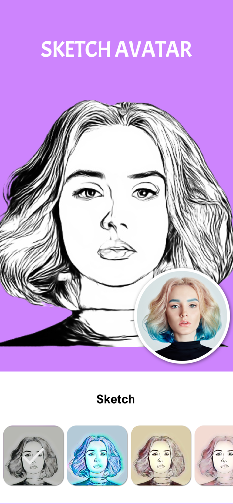 Cartoon face maker：Photo Art - カートゥーン顔メーカーアプリを使用して、女性のポートレートを鉛筆スケッチのアバターに変換したもの