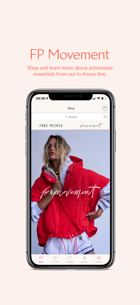 Free People - Free People App zeigt die FP Movement Activewear-Kollektion auf einem mobilen Bildschirm