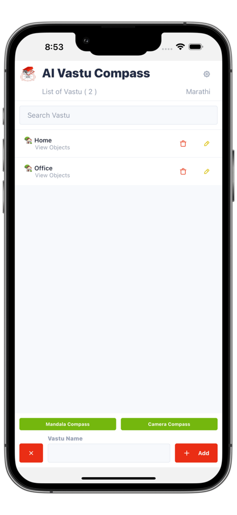 AI Vastu Compass - AI Vastu Compass app interface displaying a list of saved locations including Home and Office for spatial analysis