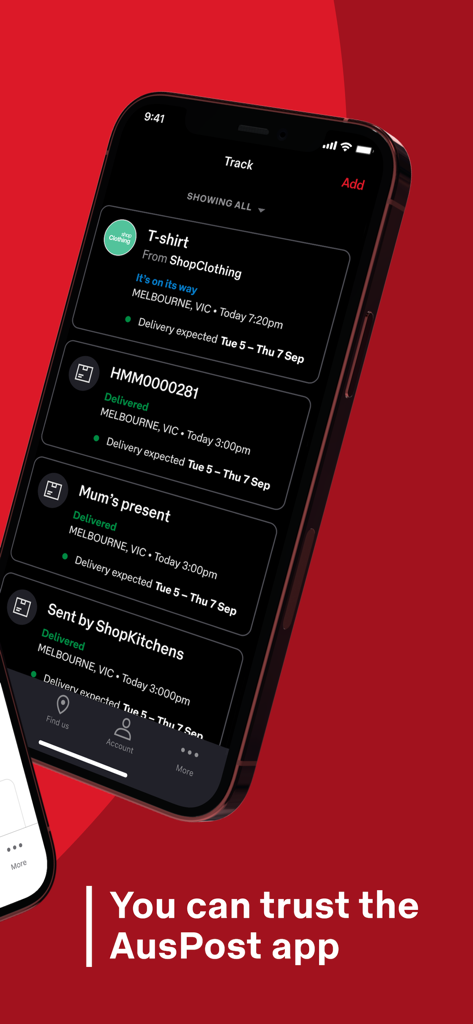 Australia Post - Australia Post app interface showing a list of tracked parcels and their delivery statuses on a smartphone