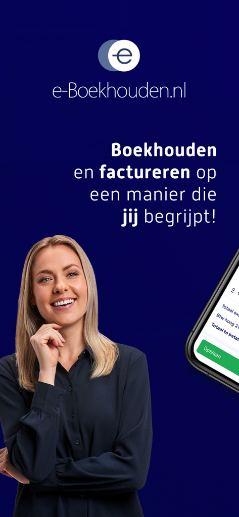 e-Boekhouden.nl - e-Boekhouden.nl mobile accounting and invoicing app interface with a smiling entrepreneur