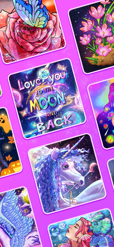Tap Colorのユニコーンや花のデザインを含む、カラフルなデジタルアートページのギャラリー