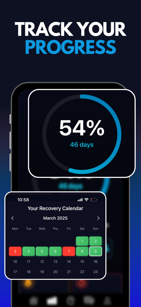 Captura de pantalla de la aplicación SnapOut que muestra un círculo de progreso de recuperación y un calendario mensual de seguimiento de hábitos