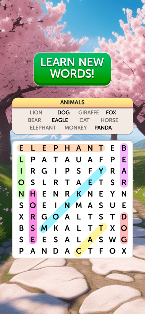 Griglia di puzzle di ricerca di parole con parole di animali su uno sfondo panoramico di fiori di ciliegio.