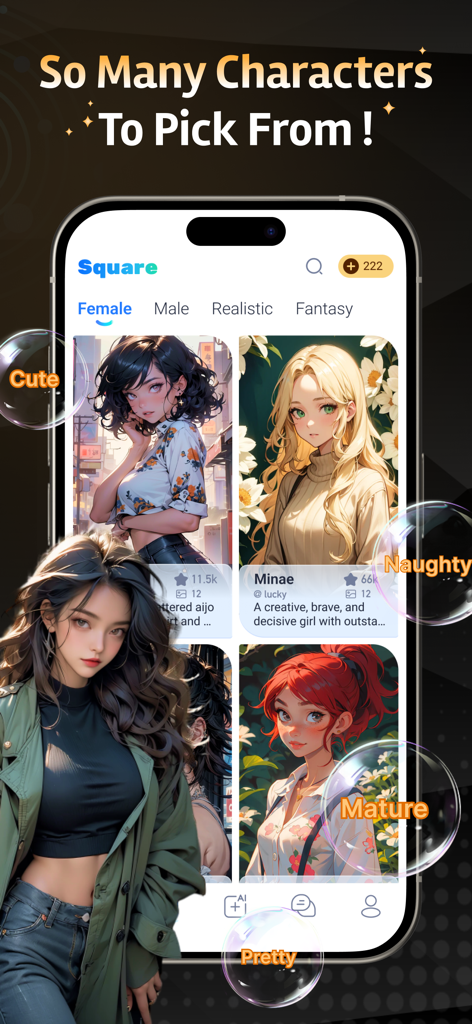 Lucky AI - Soulful AI Game - Lucky AI app interface showing a gallery of diverse female AI character profiles with categories for realistic and fantasy styles