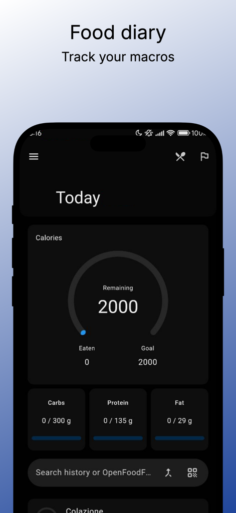 Gym Bro - Your Workout Buddy - 毎日のカロリーとマクロを追跡するGym Broアプリのフードダイアリーススクリーン