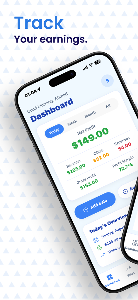 Trackly : Business Tracker - Trackly app dashboard displaying net profit and business revenue metrics for a solopreneur
