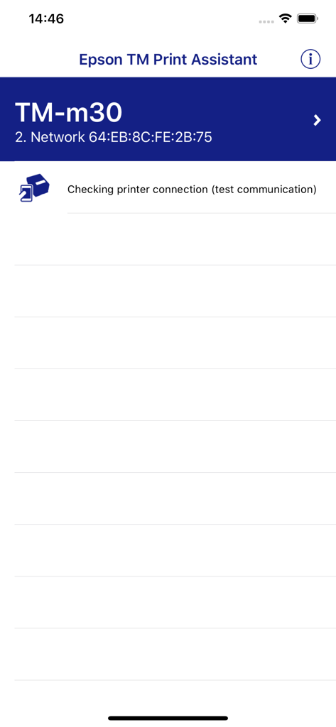 Epson TM Print Assistant app interface checking connection status for a TM-m30 receipt printer