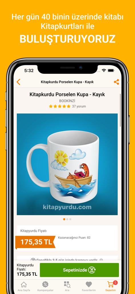 Kitapyurdu mobile app product screen showing a porcelain mug with a bookworm design