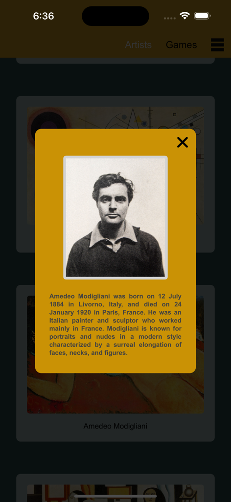 Modern Paintings Vol.3 - Biography and portrait of Amedeo Modigliani in the Modern Paintings app