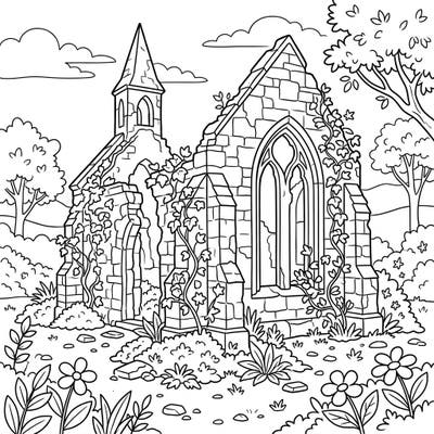 Journey back in time with this engaging coloring page featuring the beautiful ruins of an old church. Perfect for kids, this scene combines historical charm with natural beauty, ready for a splash of color.