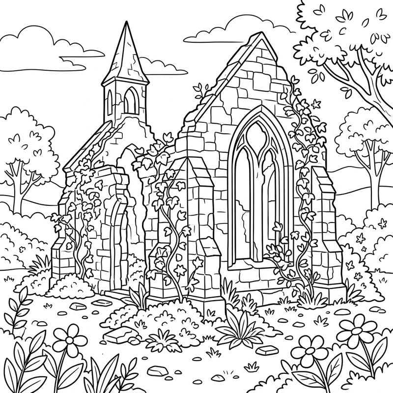 Journey back in time with this engaging coloring page featuring the beautiful ruins of an old church. Perfect for kids, this scene combines historical charm with natural beauty, ready for a splash of color.