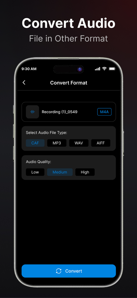 Voice Recorder : Voice Memos - Pantalla de la aplicación Grabadora de Voz para convertir archivos de audio a diferentes formatos y niveles de calidad