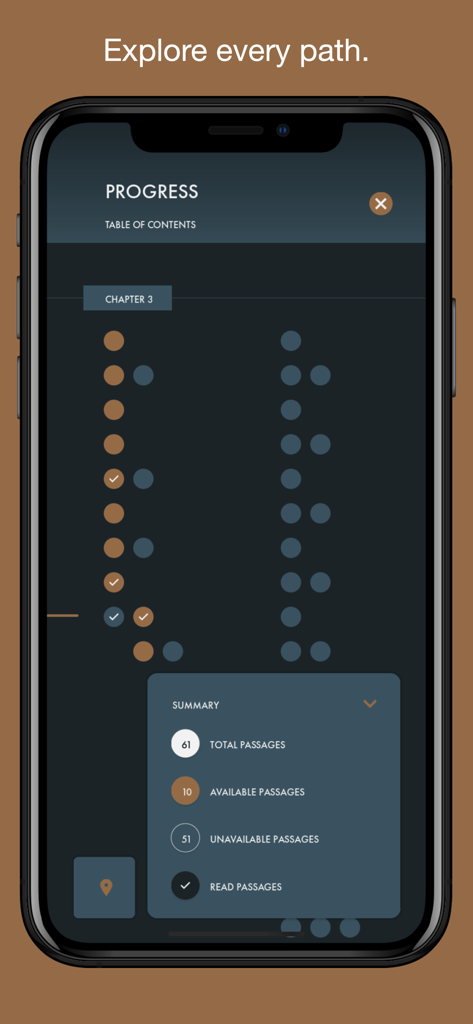 Penrose - Capture d'écran de l'application Penrose affichant une carte non linéaire de passages d'histoires et un résumé de chapitre.