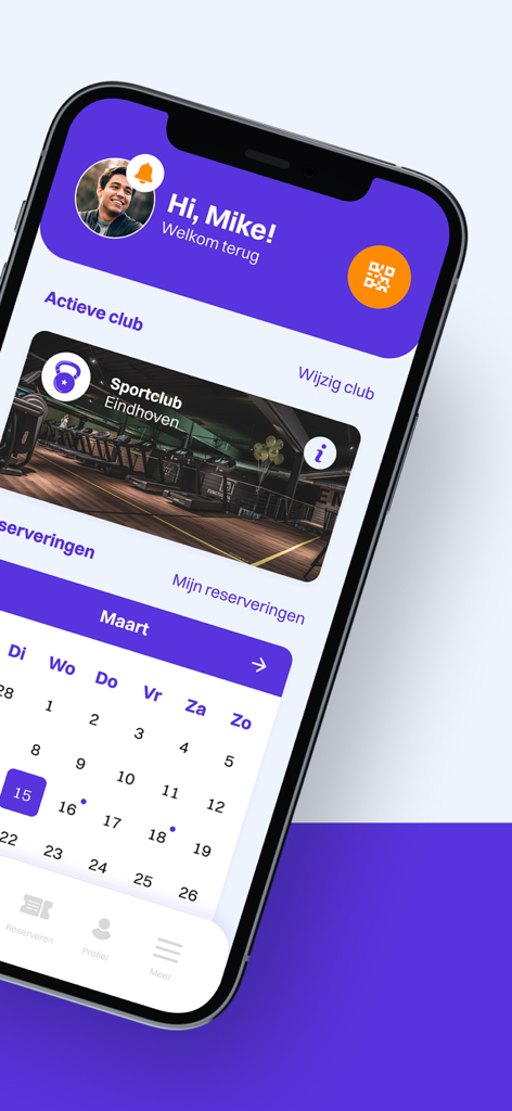 Dewi Online - Painel do aplicativo Dewi Online mostrando o perfil do usuário, clube esportivo ativo e calendário mensal de reservas