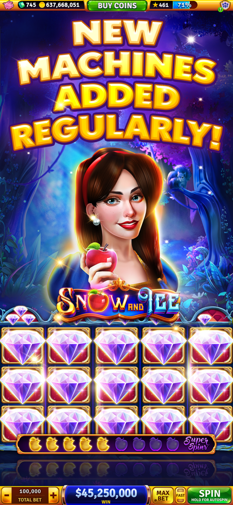 House of Fun: Casino Slots - Screenshot del gioco mobile House of Fun che mostra la slot machine Snow and Ice con diamanti e un personaggio che tiene una mela rossa