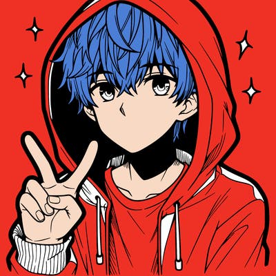 teenage manga boy in a hoodie, doing ✌