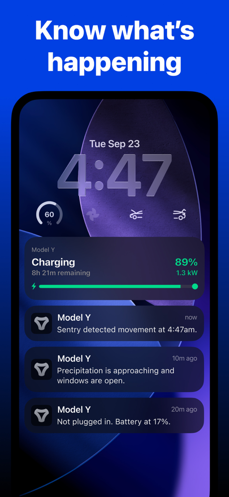 Tessie — For your Tesla - iPhone lock screen showing Tessie app notifications for Tesla charging status and Sentry alerts