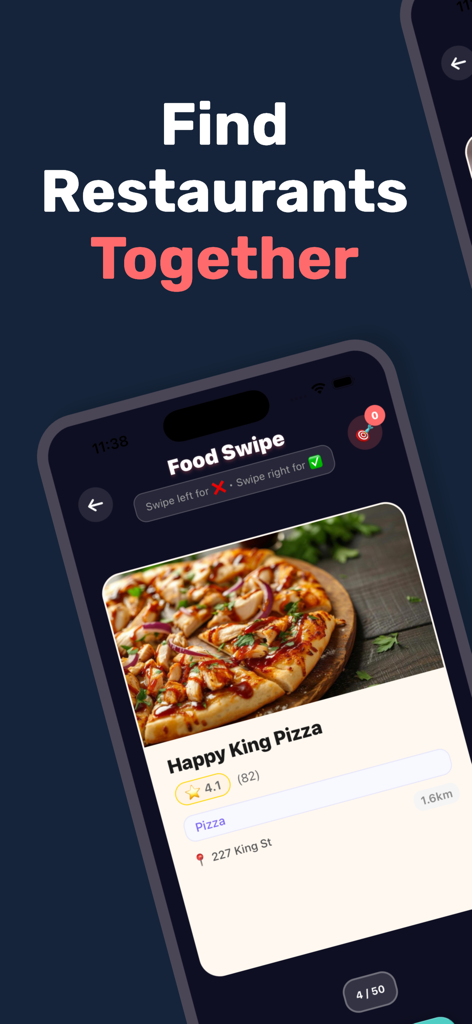 Food Swipe - Find Restaurants - Mobile app interface for Food Swipe showing a restaurant card for a pizza shop with ratings and address